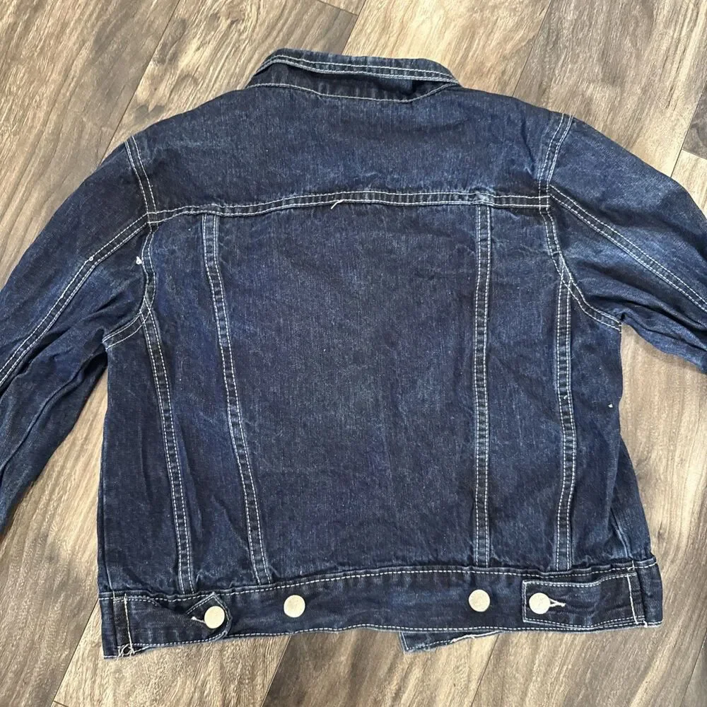 Y2K Denim Jacket Cowhide Panel Western Trucker Dark Wash No Tag Fits Small Read!